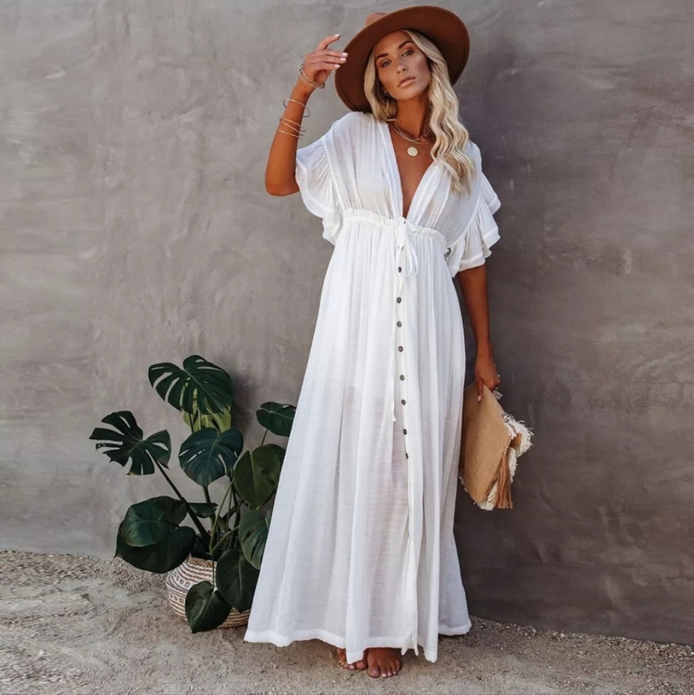 New Boho Gauze Maxi Cover Up Flowy Dress White - Picture 2 of 13